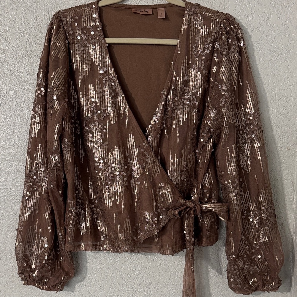 Elegant Sequin Wrap Blouse in Brown